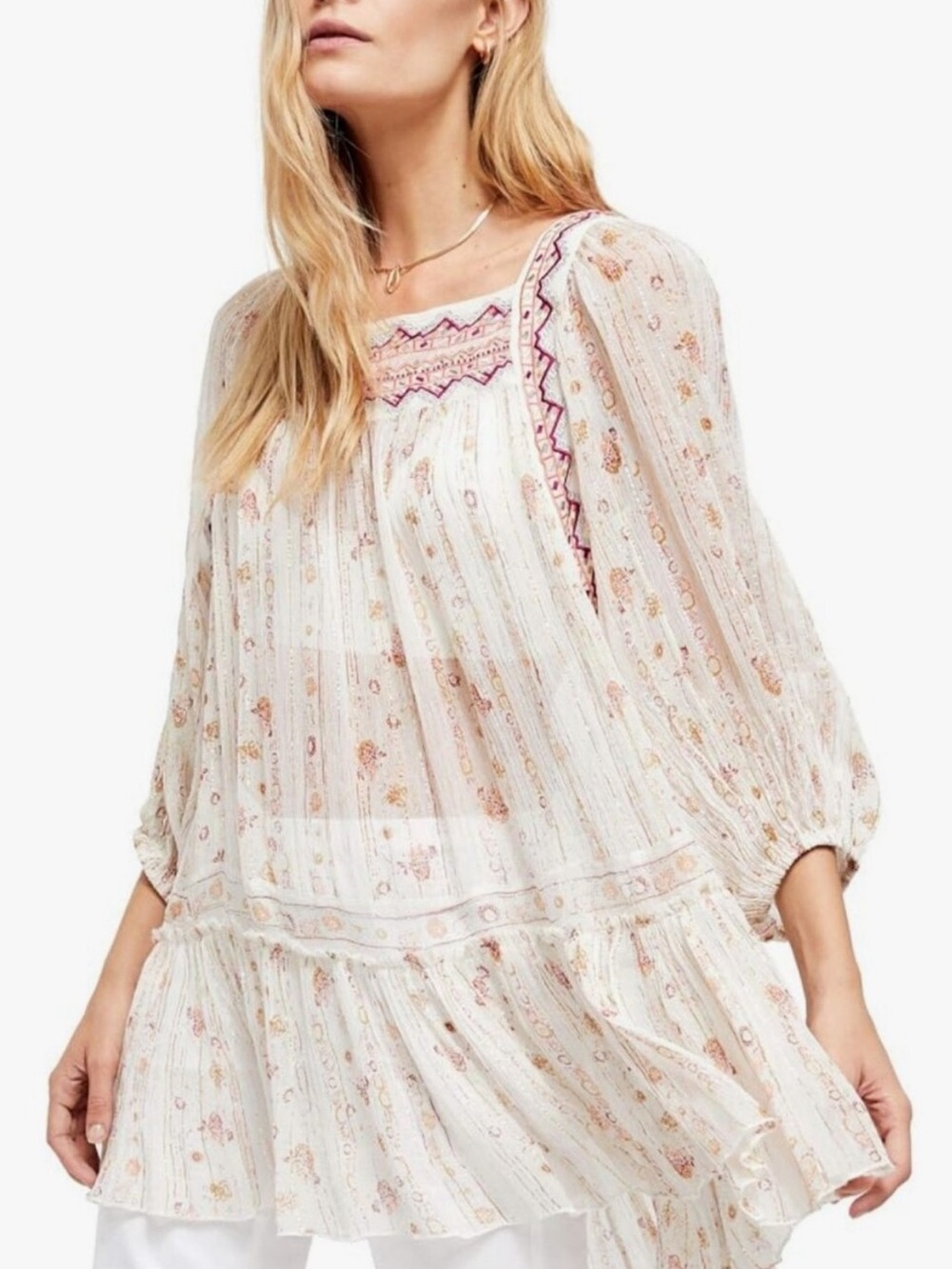 Free People Dance Magic Boho Tunic Dress Ivory Combo Size Medium NWT Y2K